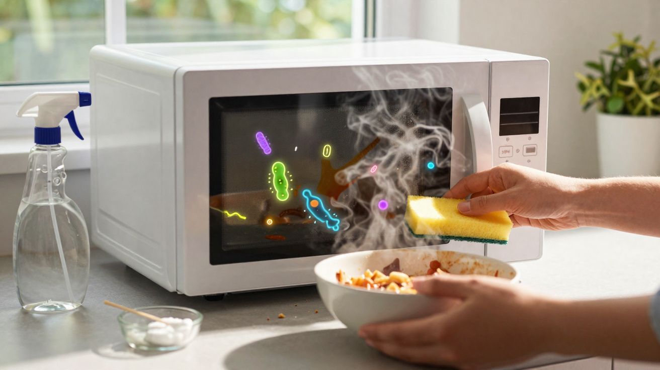 Mãos limpando micro-ondas com esponja ao lado de prato com comida quente e spray de limpeza na mesa.