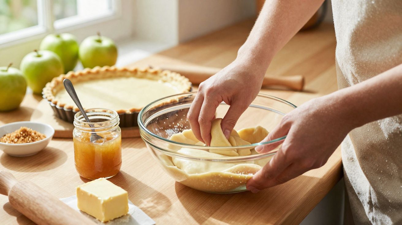 Pessoa preparando massa de torta em uma tigela de vidro, com maçãs, manteiga e geleia na bancada.