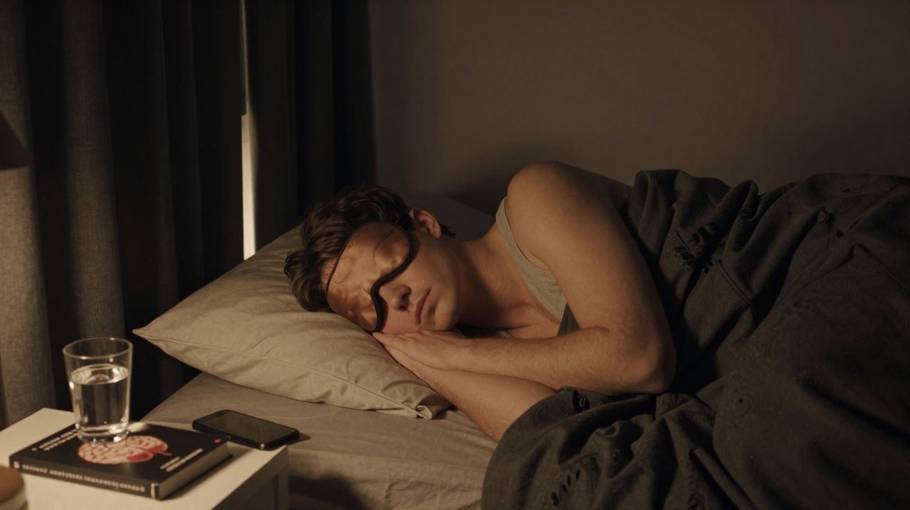 Homem dormindo com máscara nos olhos em cama com cobertor escuro ao lado de mesa com livro, celular e copo d'água.