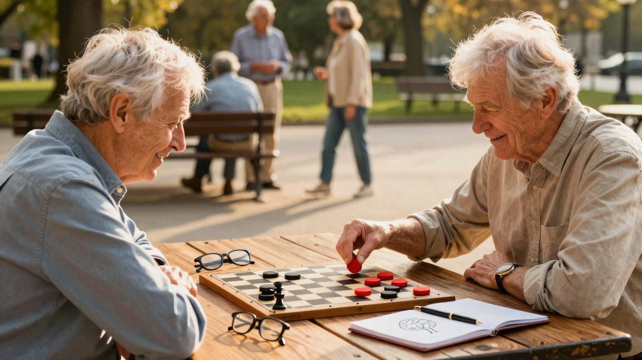 Dois homens idosos jogando damas em uma mesa de madeira ao ar livre em um parque durante o dia.