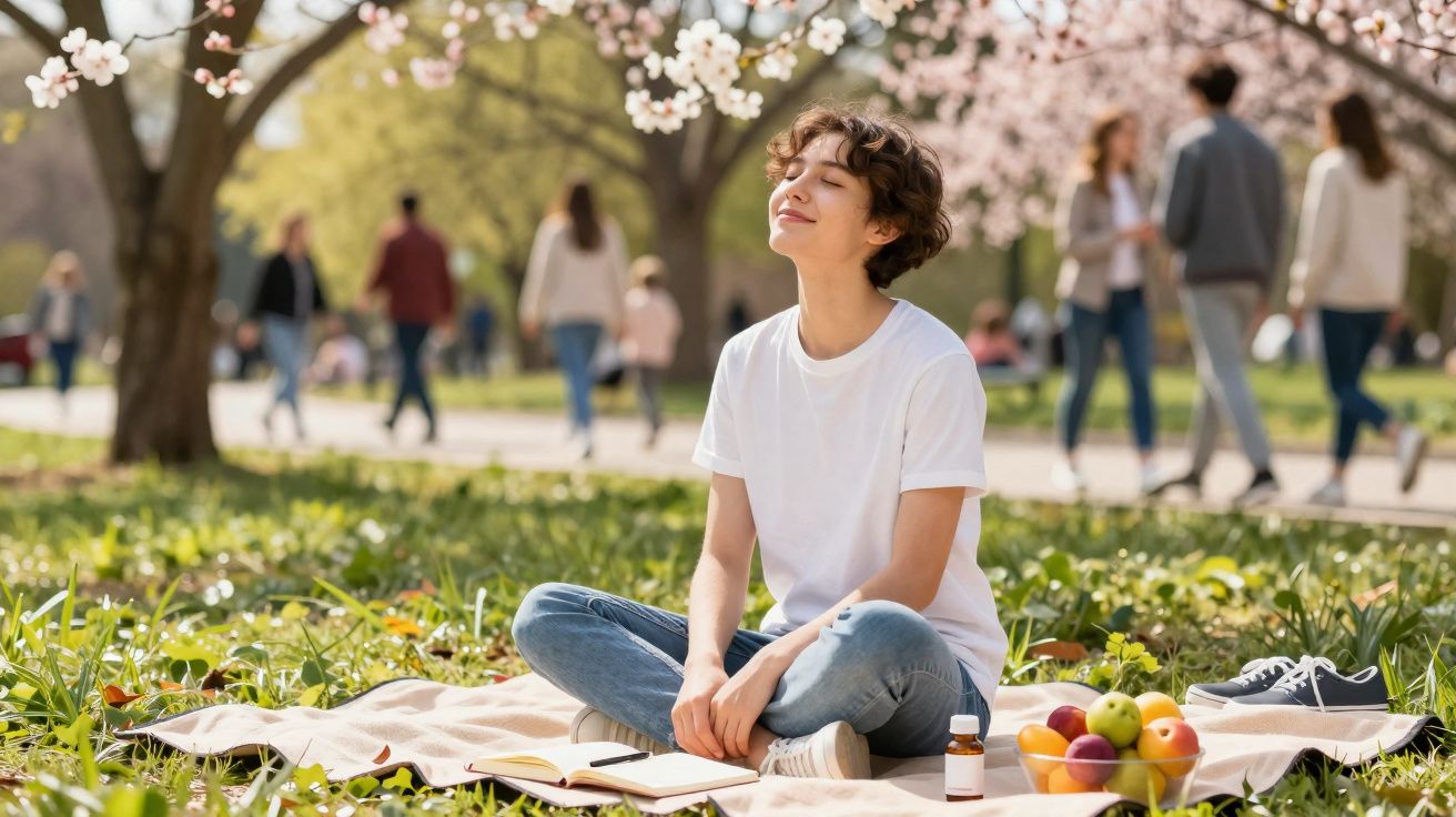 Pessoa sentada em roupa casual sob árvore florida, aproveitando o dia ao ar livre em parque ensolarado.