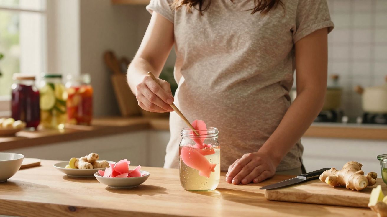 Mulher preparando bebida com gengibre e cubos de gelo rosados em cozinha clara.