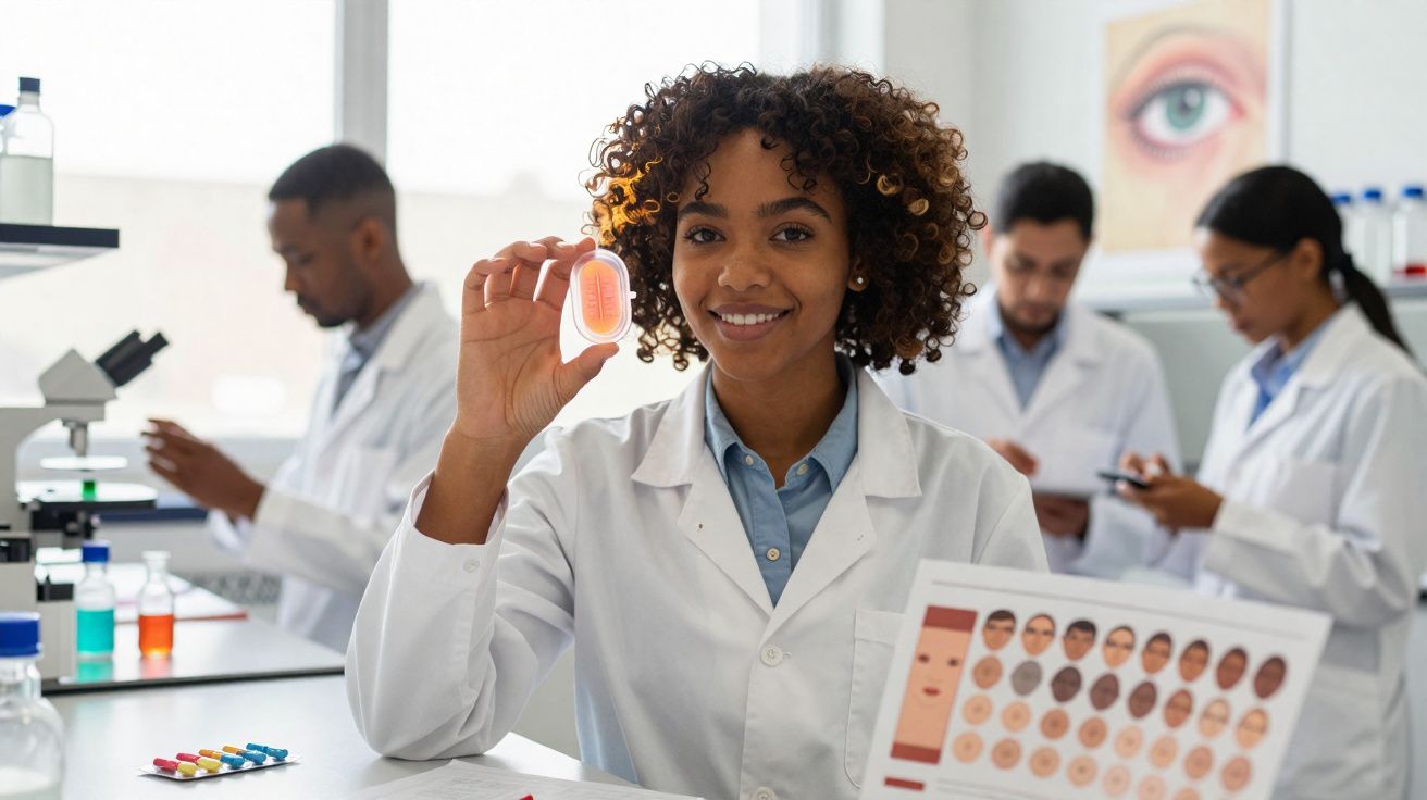 Cientistas em laboratório com jaleco branco, uma mulher segurando um modelo anatômico e tabela de tons de pele.