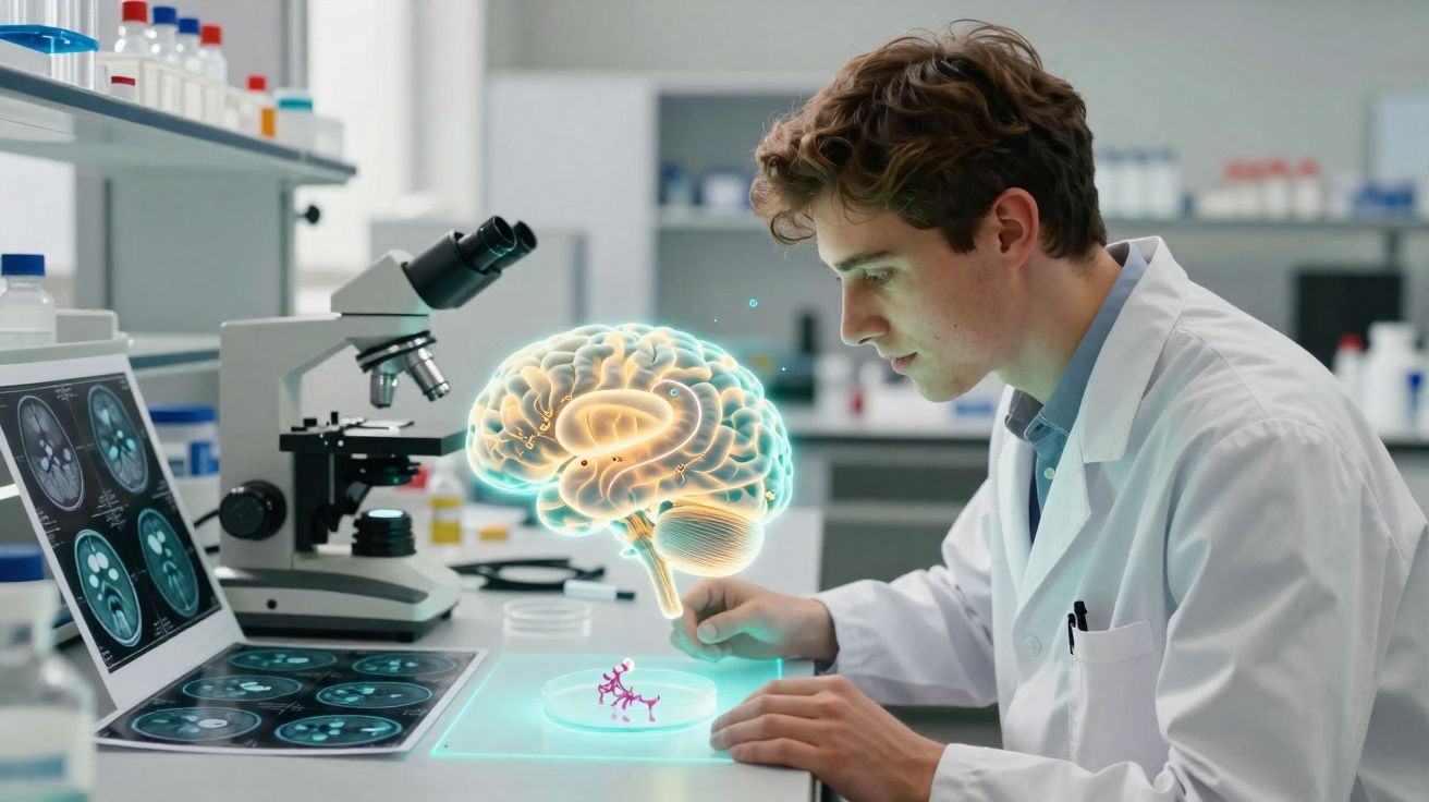 Cientista em laboratório analisando holograma 3D de cérebro ao lado de microscópio e imagens médicas no computador.
