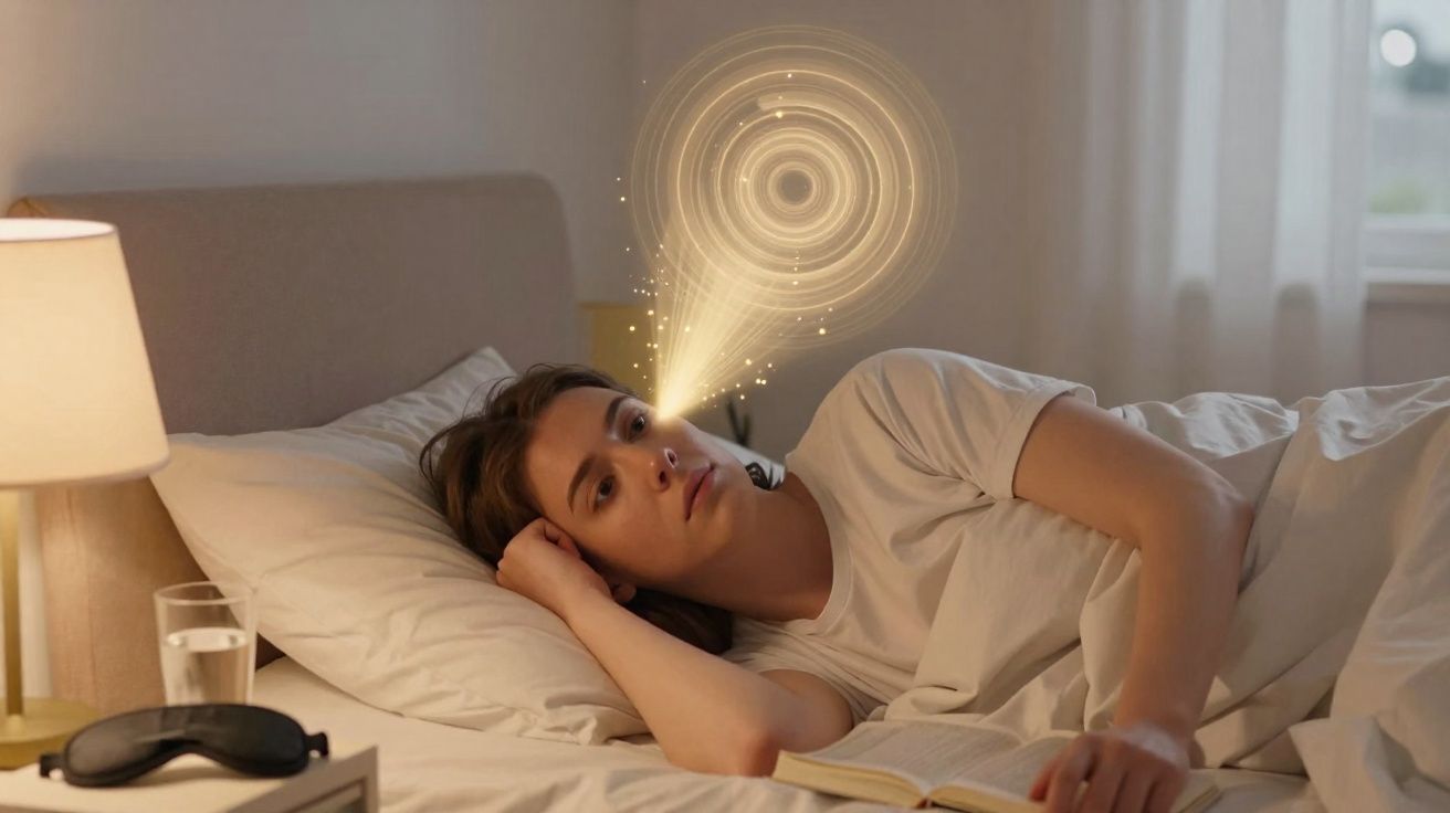 Mulher deitada na cama olhando pensativa com efeito gráfico de luz saindo dos olhos simbolizando sonho lúcido.