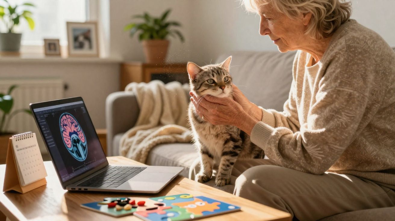 Mulher idosa acariciando gato em sala com computador mostrando imagem de cérebro na tela.