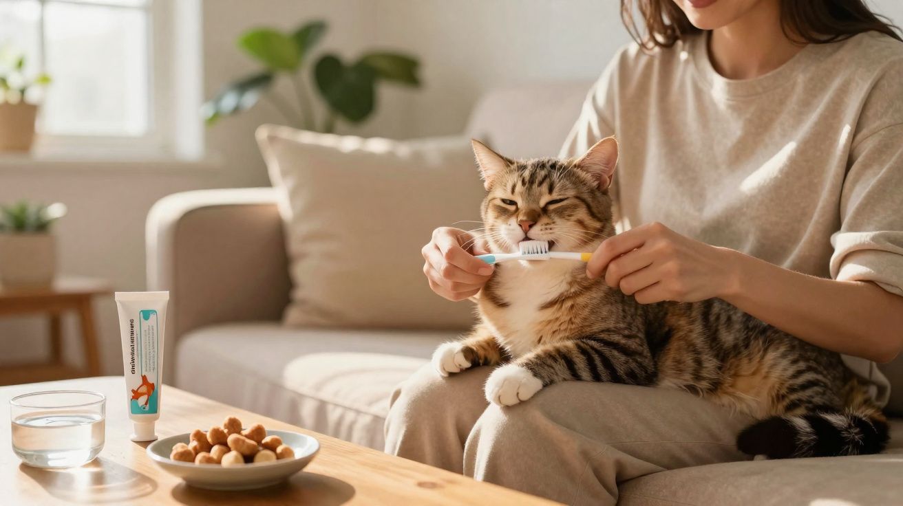 Pessoa escovando os dentes de um gato à vontade no colo, com escova e pasta dental específicas.