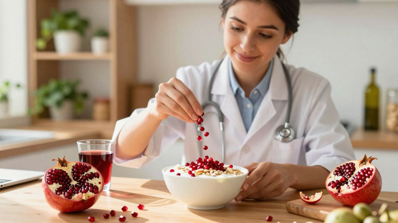 Mulher médica colocando sementes de romã em tigela com cereal em mesa de cozinha iluminada.