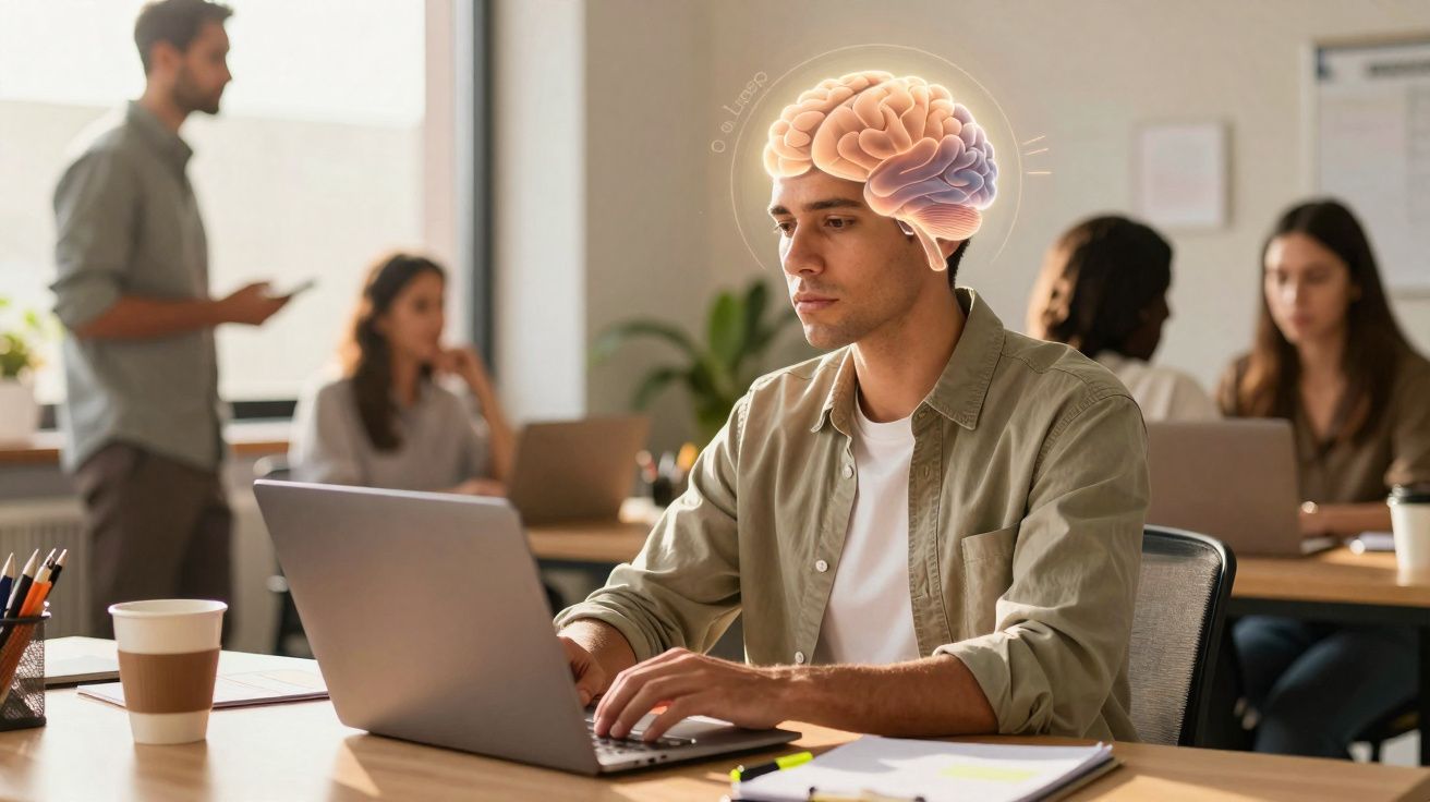 Homem jovem trabalhando em laptop com ilustração de cérebro iluminado acima da cabeça em escritório.