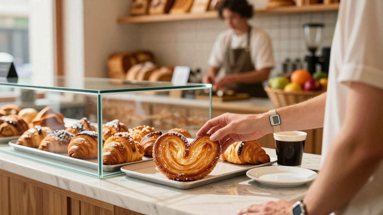 Pessoa pegando folhado em forma de coração em padaria com balcão de pedra e croissants expostos.