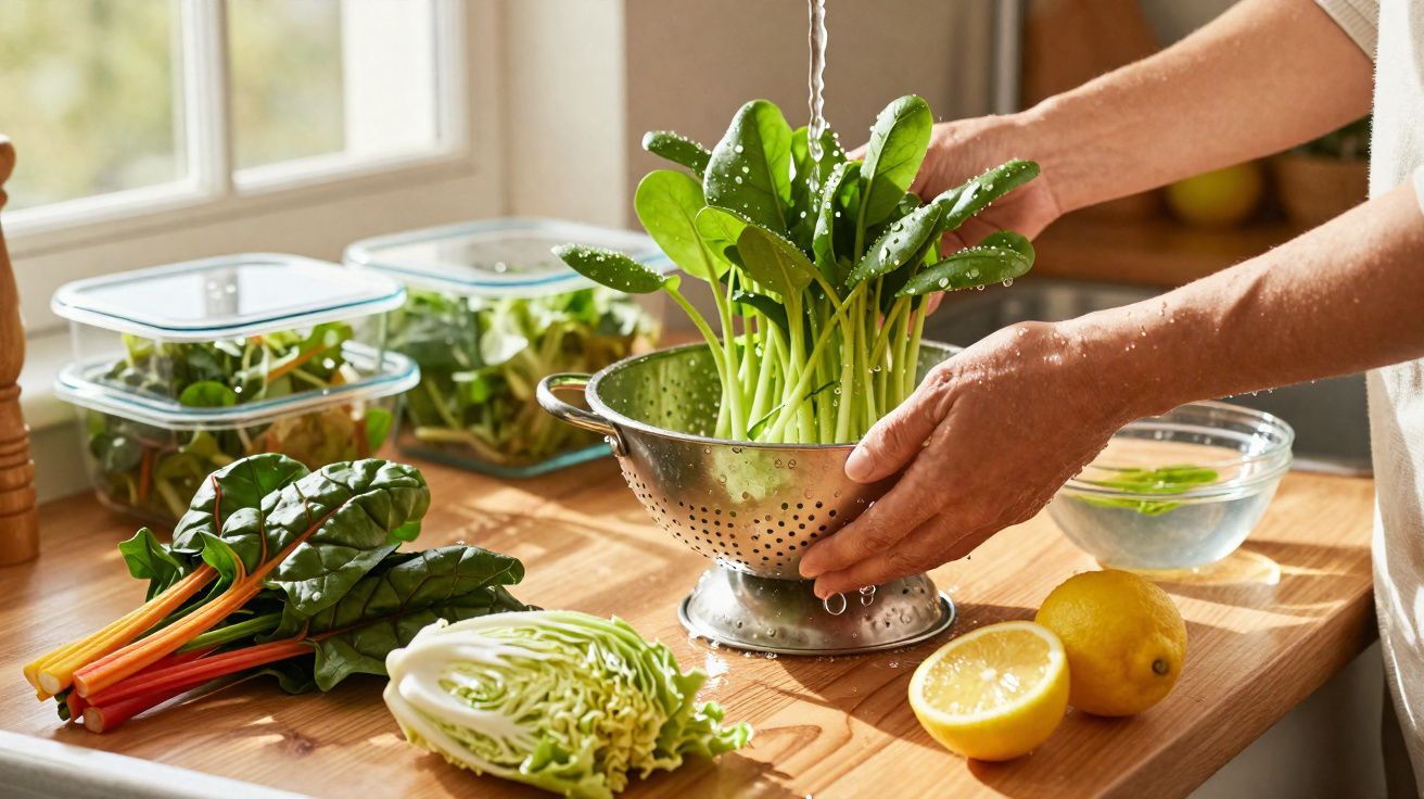 Pessoa lavando folhas verdes em escorredor de metal sobre bancada com legumes e limões.