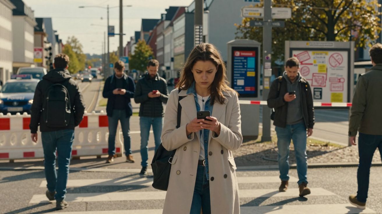 Mulher e homens caminhando na rua olhando para seus celulares em dia ensolarado.