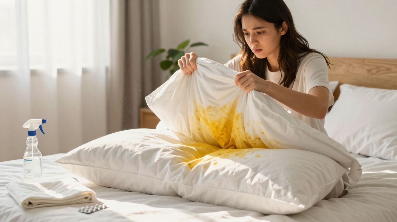 Mulher segurando fronha com mancha amarela preocupada em cama, ao lado produto de limpeza e toalha.