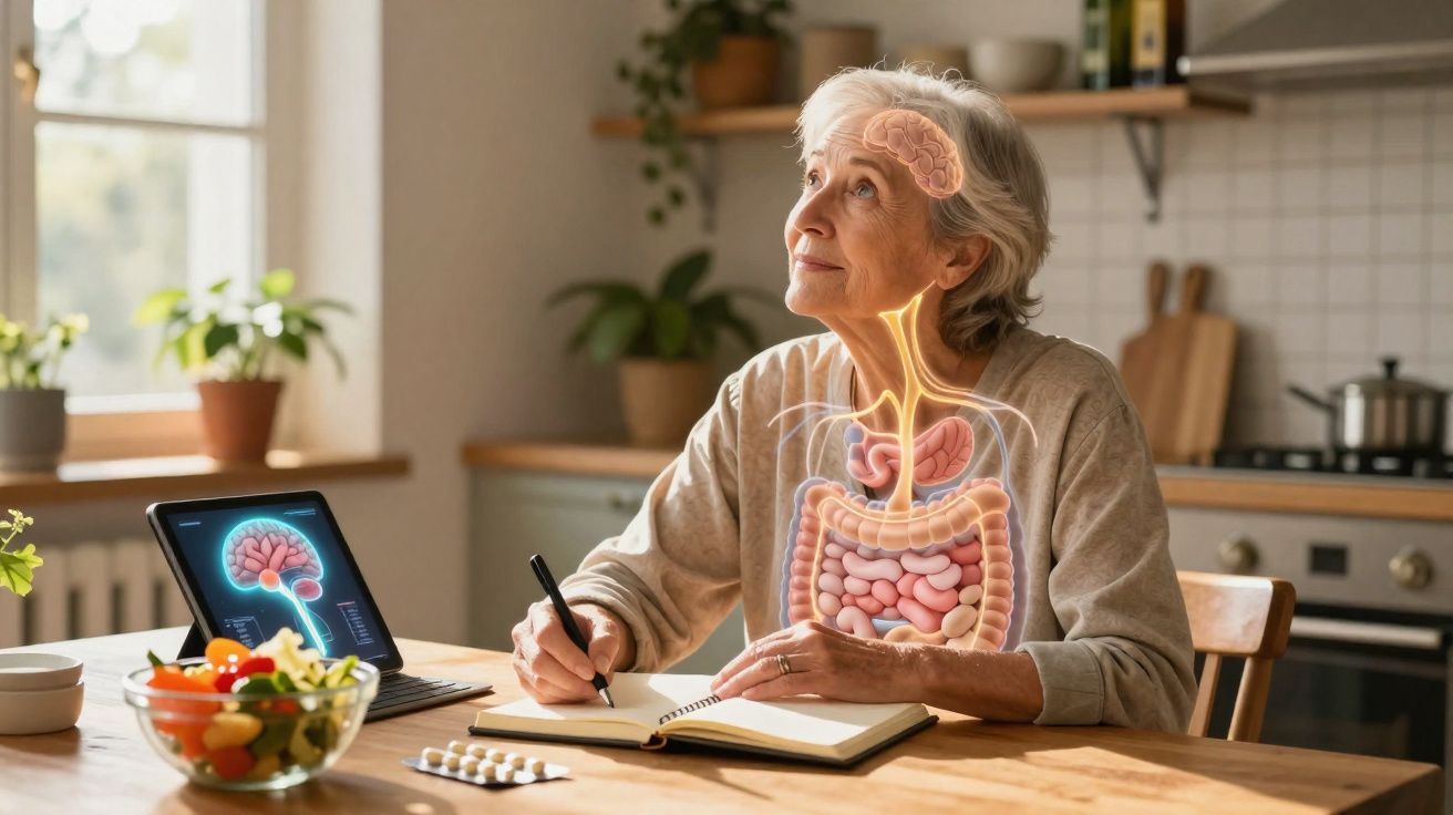 Mulher idosa escrevendo em caderno com ilustração digital do cérebro e sistema digestivo em destaque.