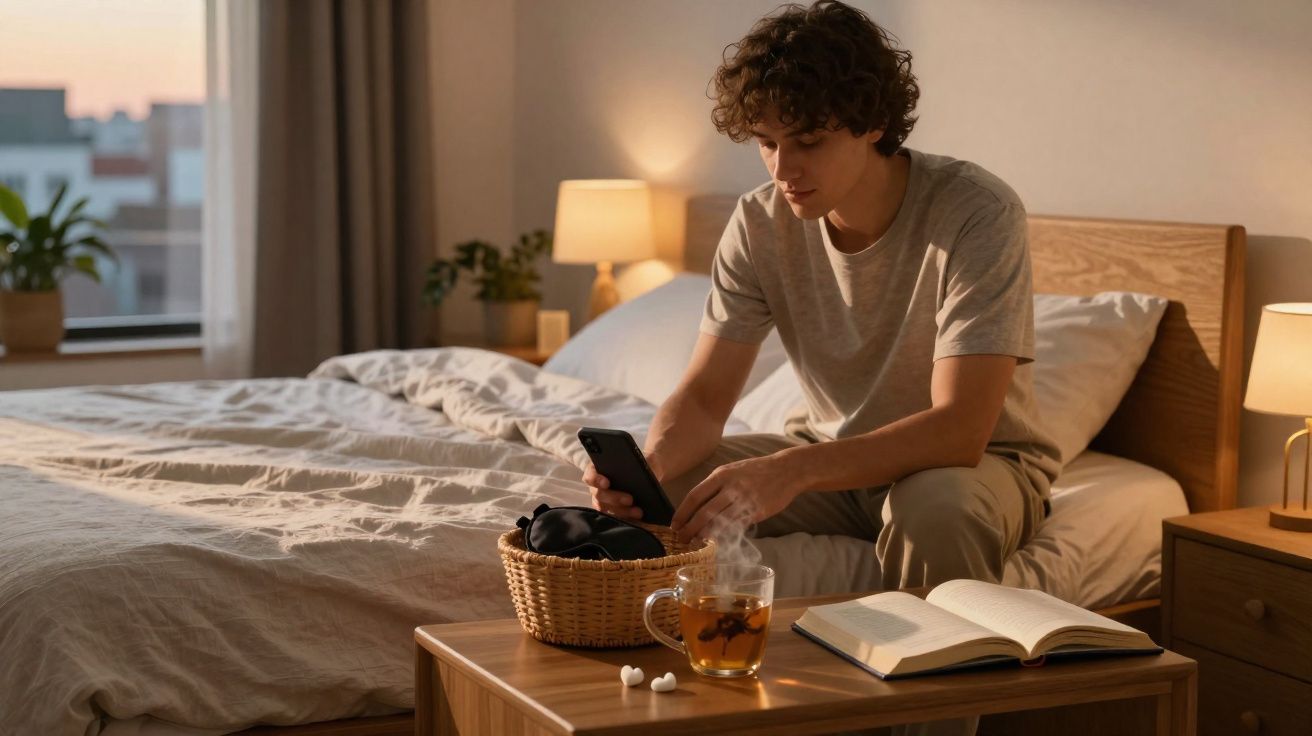 Jovem sentado à beira da cama usando celular, mesa com chá, livro aberto e fones de ouvido em quarto aconchegante.