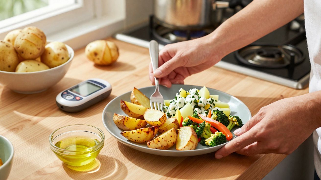 Pessoa segurando prato com batatas assadas, ovos cozidos e vegetais, ao lado de monitor de glicose e azeite.