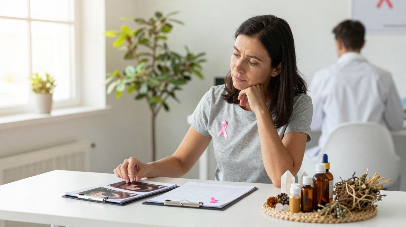 Mulher com laço rosa sentada em mesa, analisando exames de mamografia em clínica médica.