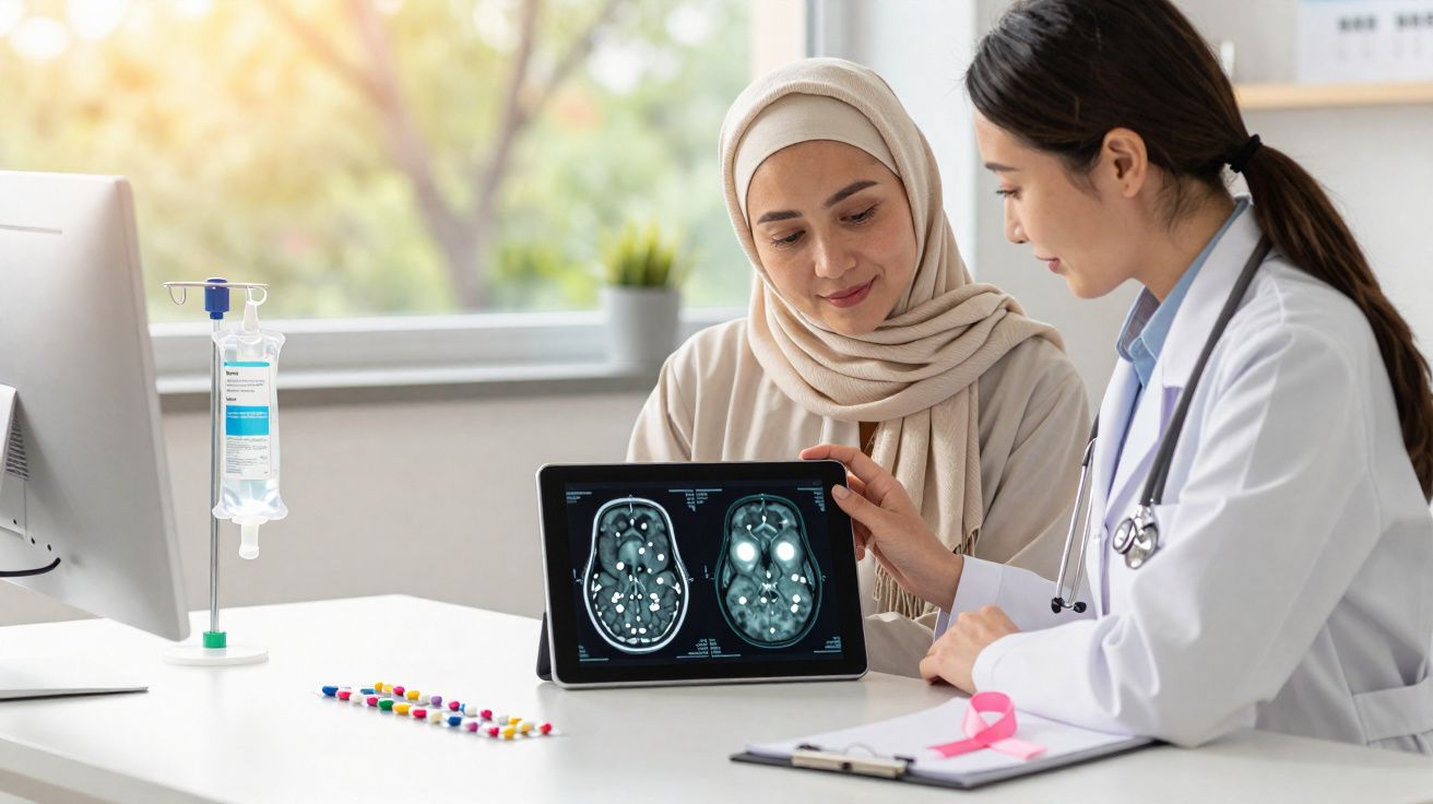 Médica mostrando exames de tomografia cerebral em tablet para paciente com véu em consultório.