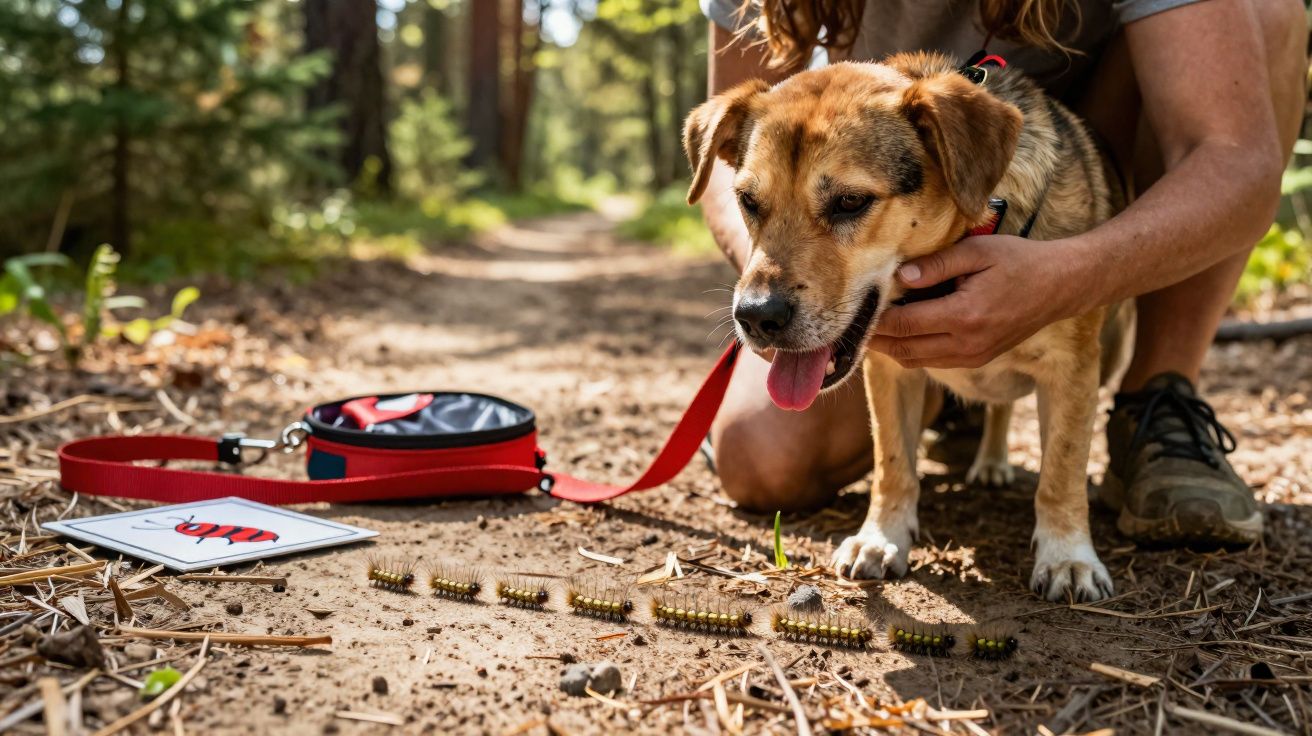 Cachorro atento a fila de lagartas no chão de caminho em floresta, com pessoa agachada ao lado.