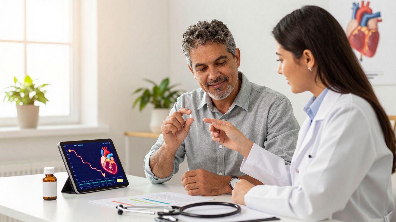 Paciente e médica discutem resultados de exame cardíaco exibido em tablet na clínica.