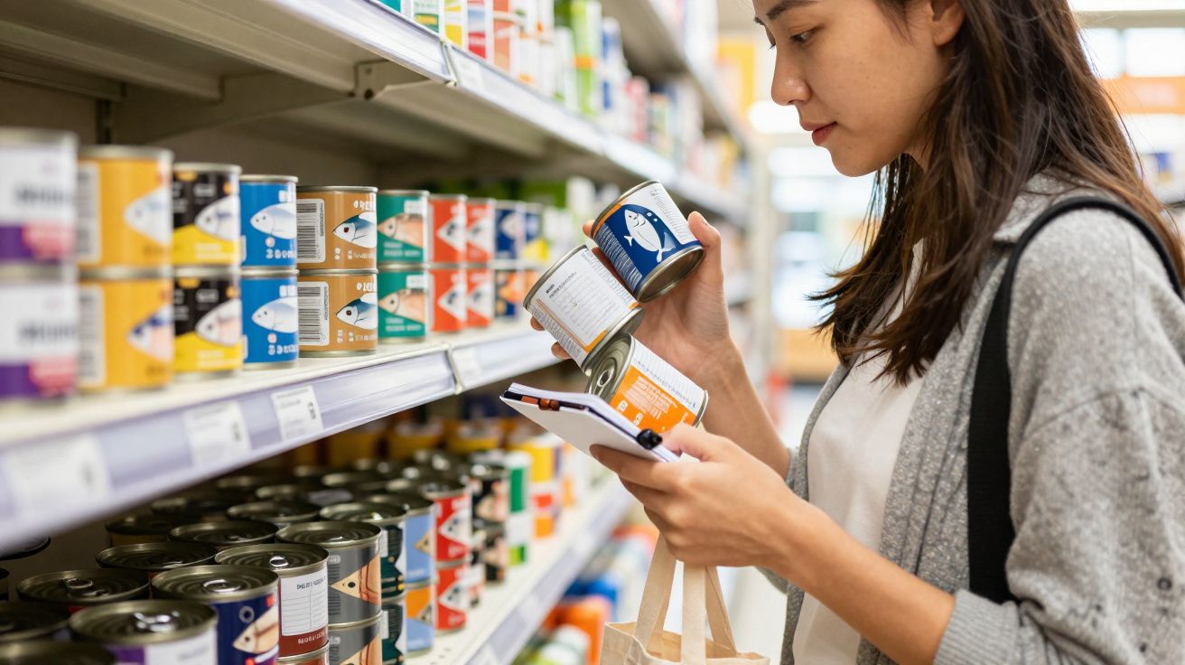 Mulher em supermercado comparando latas de conserva e consultando lista de compras em prancheta.