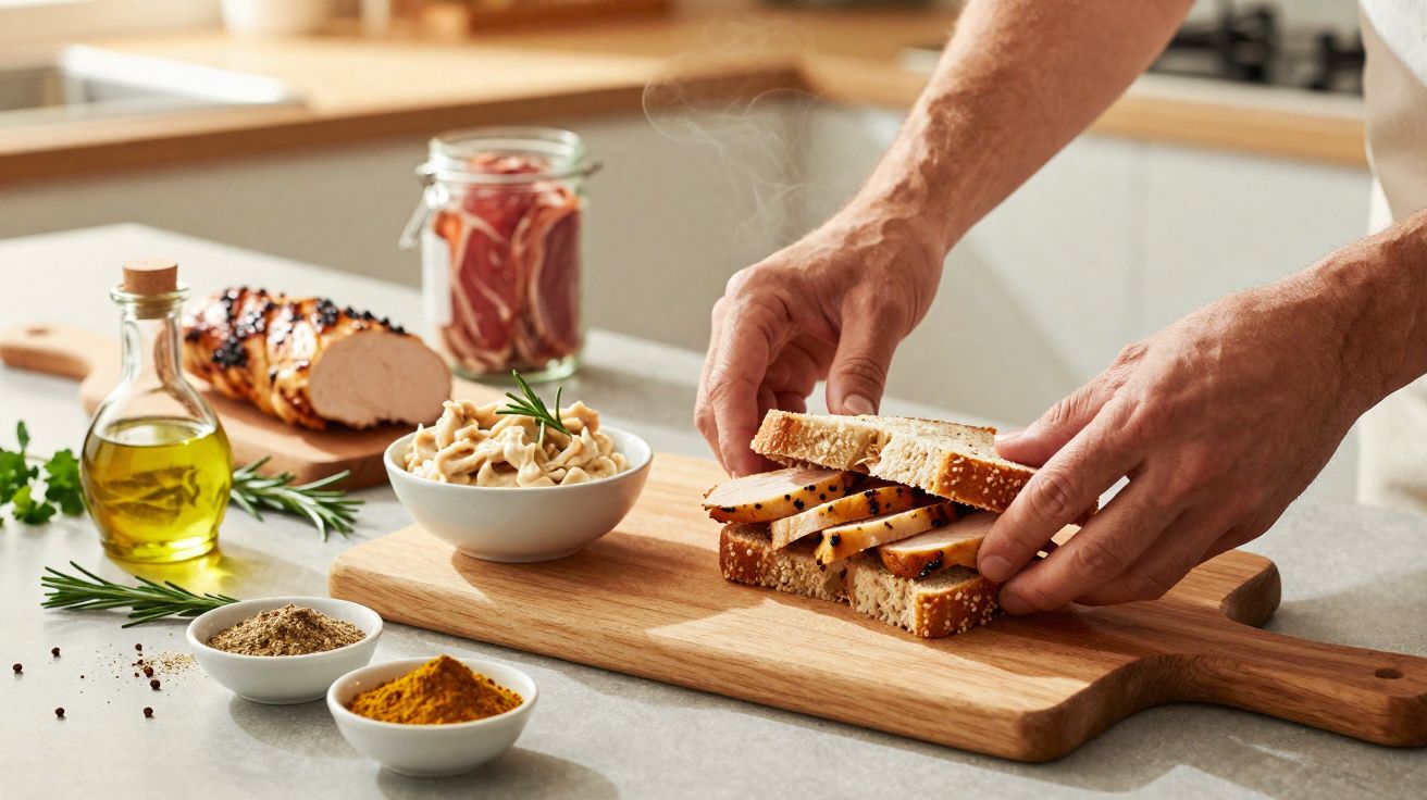 Mãos montando sanduíche com frango grelhado em pão, com temperos, maionese e azeite sobre bancada.