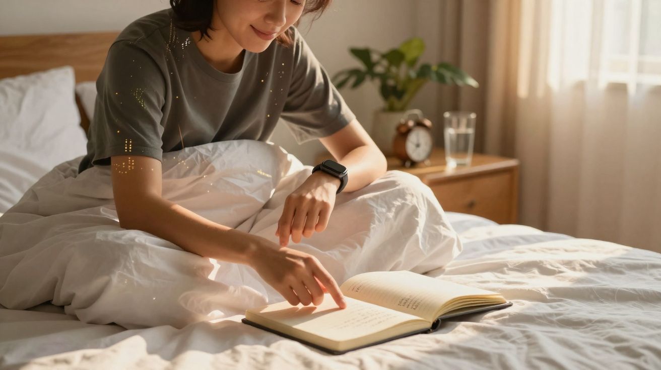 Mulher sentada na cama lendo livro, com luz natural entrando pela janela, relógio e planta no criado-mudo.