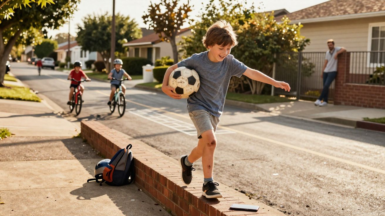 Criança sorridente segurando bola de futebol enquanto caminha sobre mureta, com duas crianças de bicicleta ao fundo.
