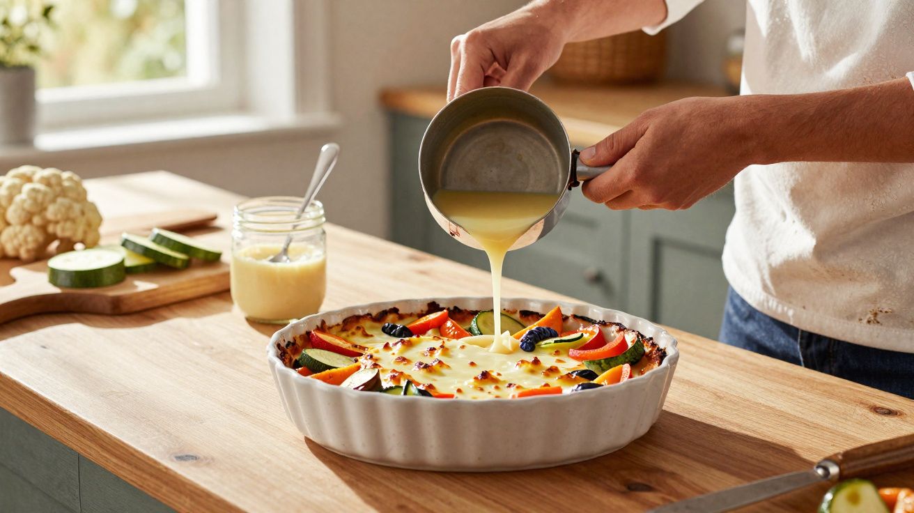 Mão despejando molho em torta de legumes numa travessa branca sobre bancada de madeira.