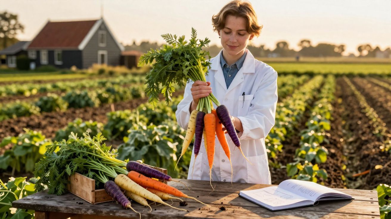 Pessoa com jaleco branco segura cenouras coloridas em campo agrícola com livro aberto sobre a mesa de madeira.