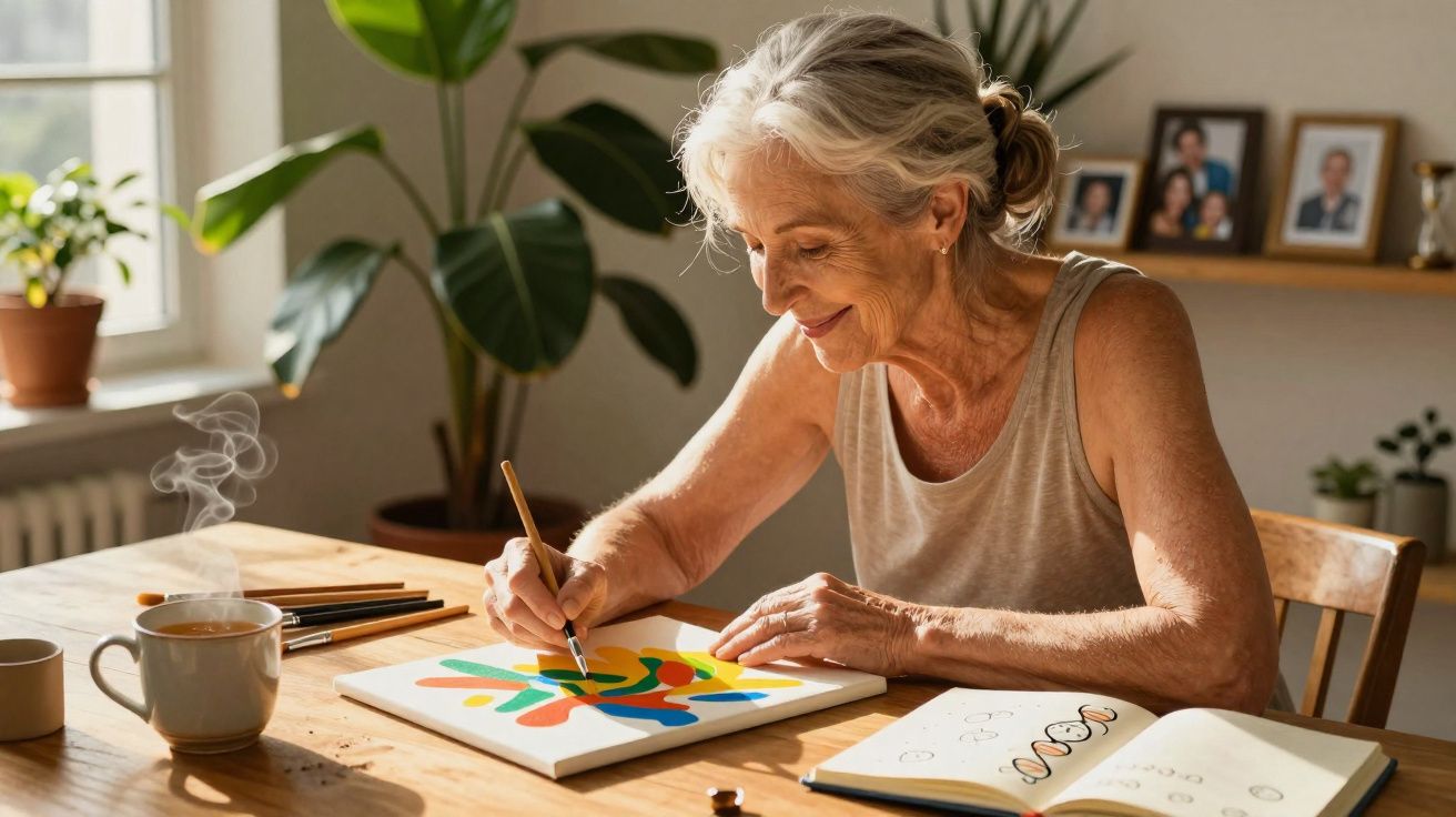 Mulher idosa pintando tela colorida à mesa com xícara de café e livro aberto em ambiente iluminado e acolhedor.