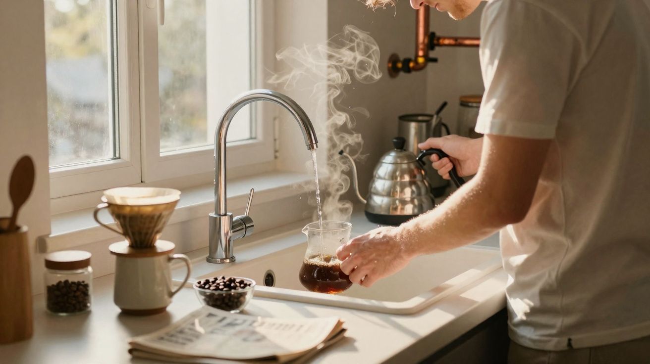 Pessoa preparando café coado na pia de cozinha iluminada pela luz do dia com utensílios de café ao redor.