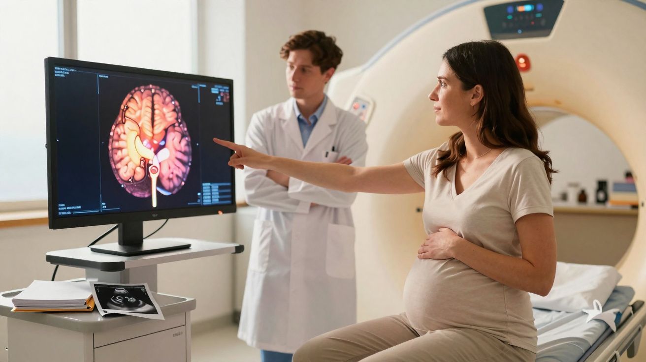 Mulher grávida apontando imagem do cérebro no monitor enquanto médico observa em clínica médica.
