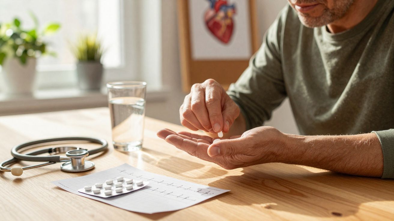 Homem segurando um comprimido com copo de água, estetoscópio e eletrocardiograma sobre a mesa.