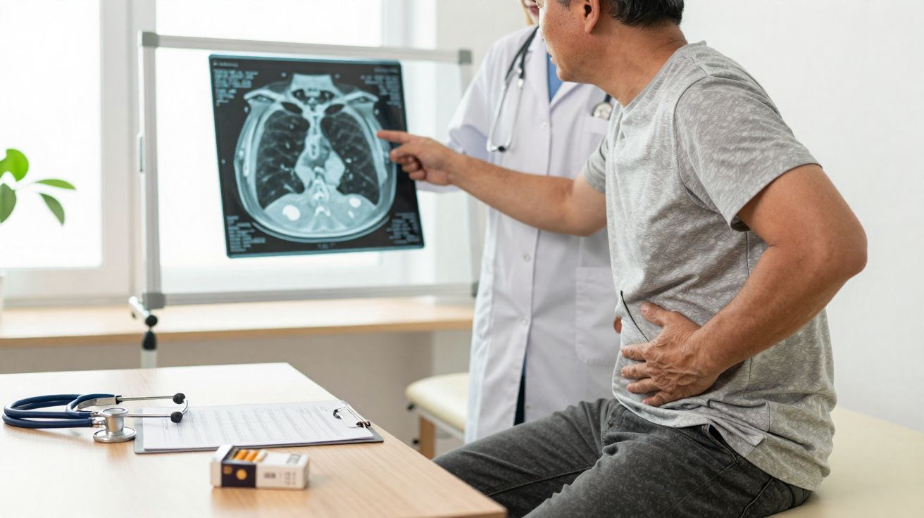 Médico mostrando exame de tórax para paciente sentado segurando a lateral do abdômen, com expressão de dor.