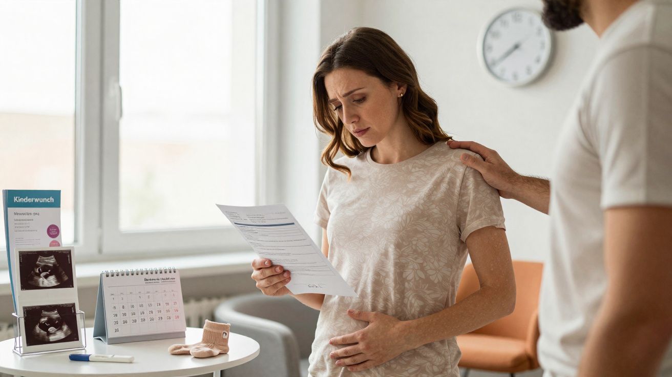 Mulher grávida preocupada lendo exame médico, homem a conforta com a mão no ombro em consultório.