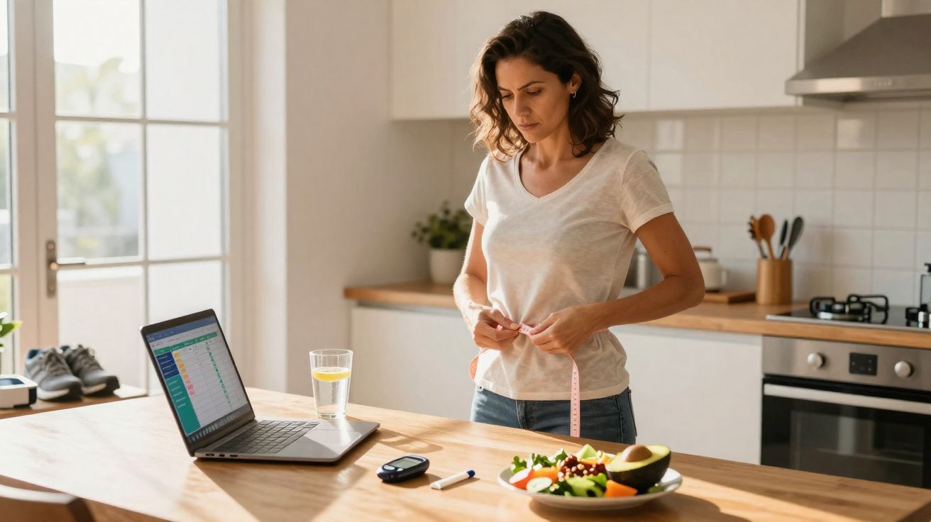 Mulher na cozinha medindo cintura com fita métrica, com notebook, água e prato de salada na mesa.