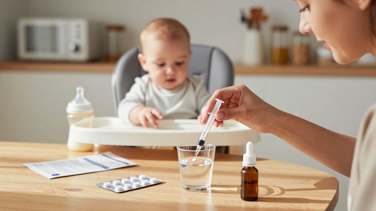 Adulto usando seringa para medir remédio em copo d'água com bebê sentado em cadeira alta ao fundo.