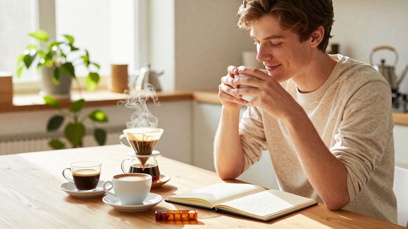 Jovem desfrutando café quente à mesa com xícaras, cafeteira, livro aberto e ambiente iluminado.