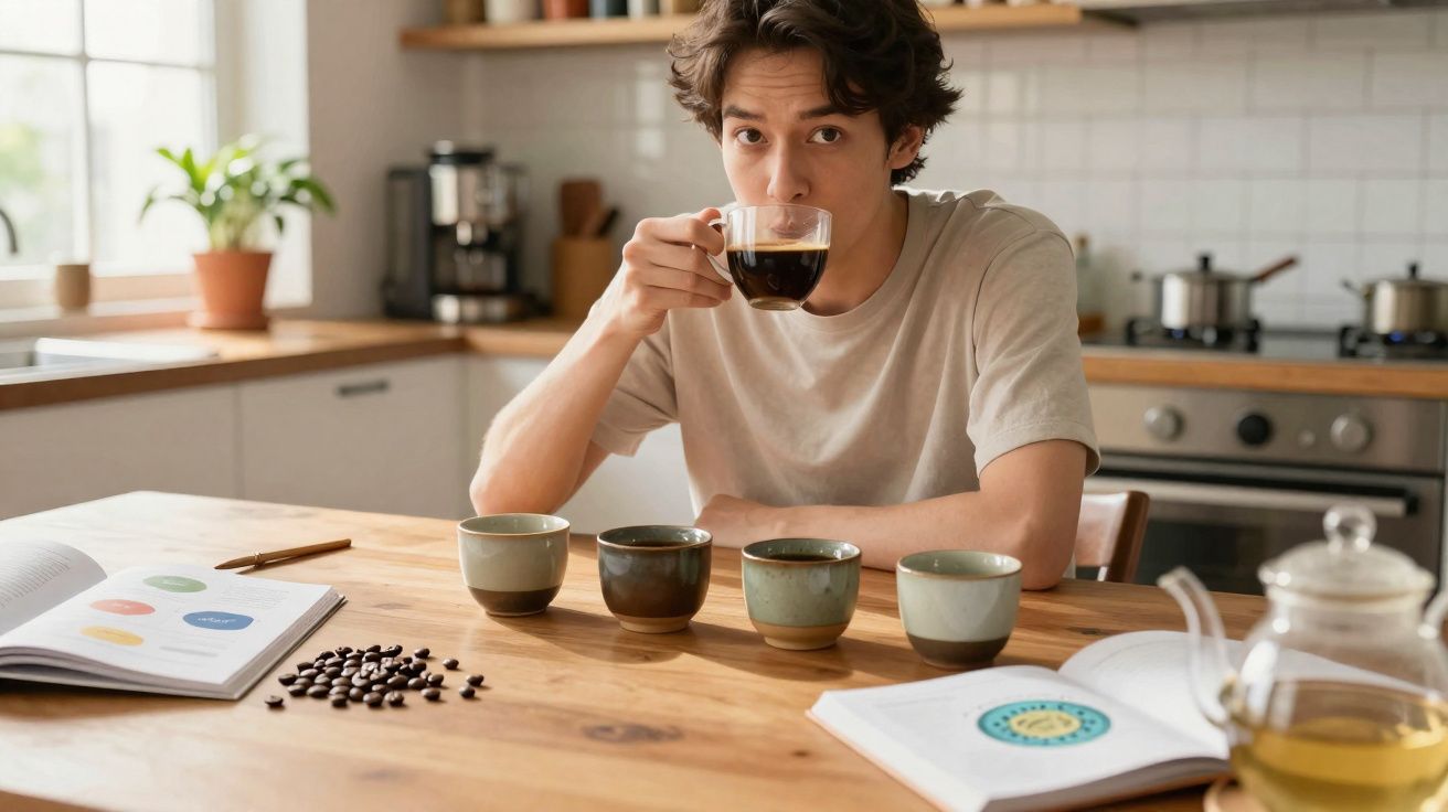 Jovem provando café em xícara transparente sentado à mesa com grãos e livros em cozinha iluminada.