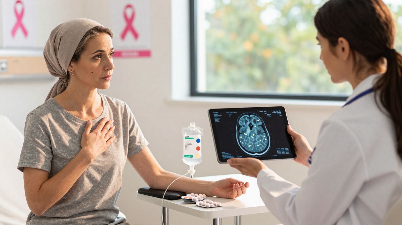 Paciente com lenço na cabeça consulta médica enquanto analisa exame cerebral digital.