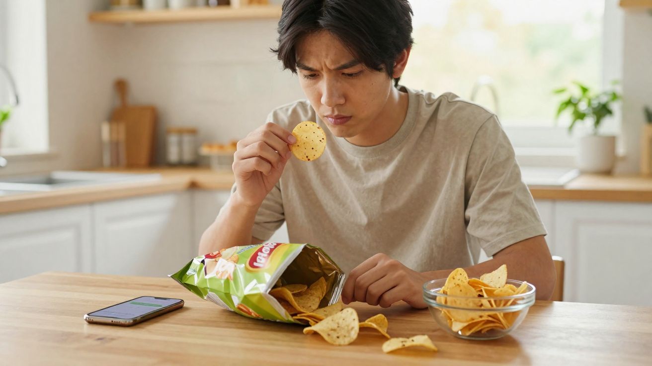 Jovem olhando com dúvida para um chip de tortilha enquanto está sentado à mesa na cozinha.