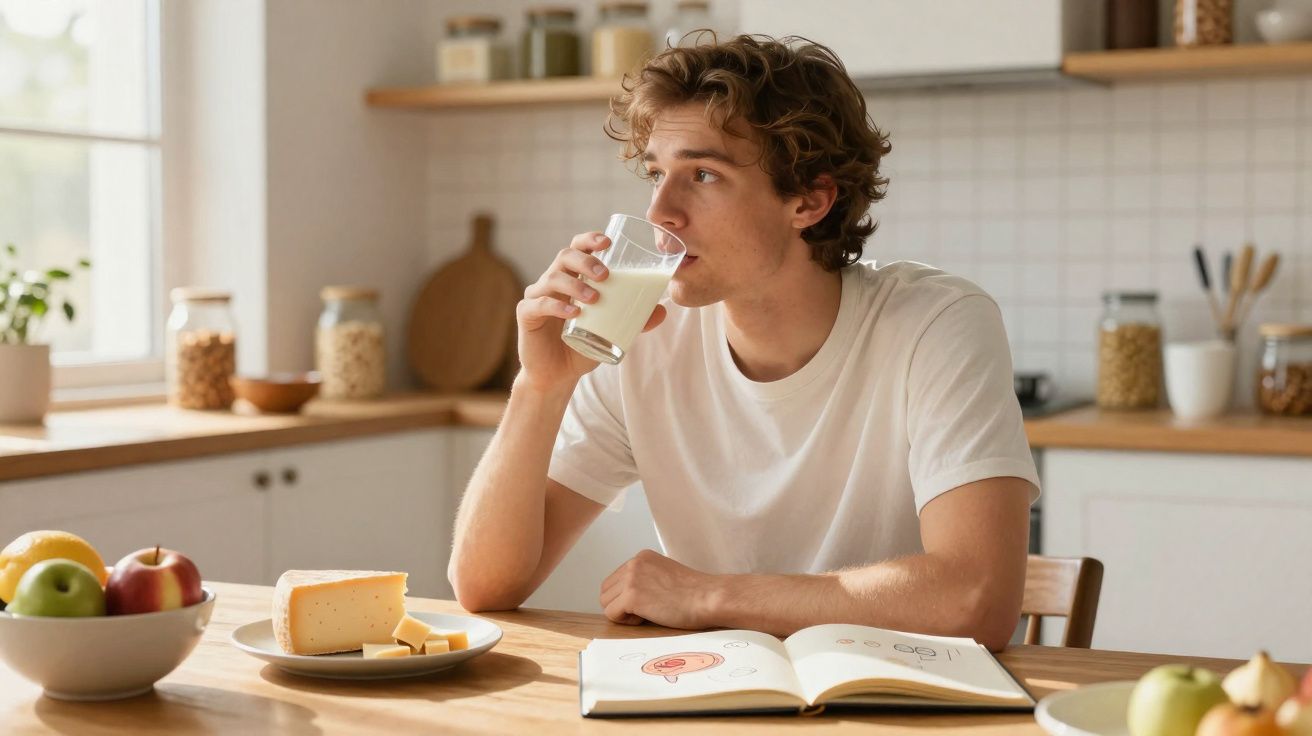 Homem jovem sentado à mesa na cozinha bebendo leite, com frutas, queijo e livro aberto à frente.