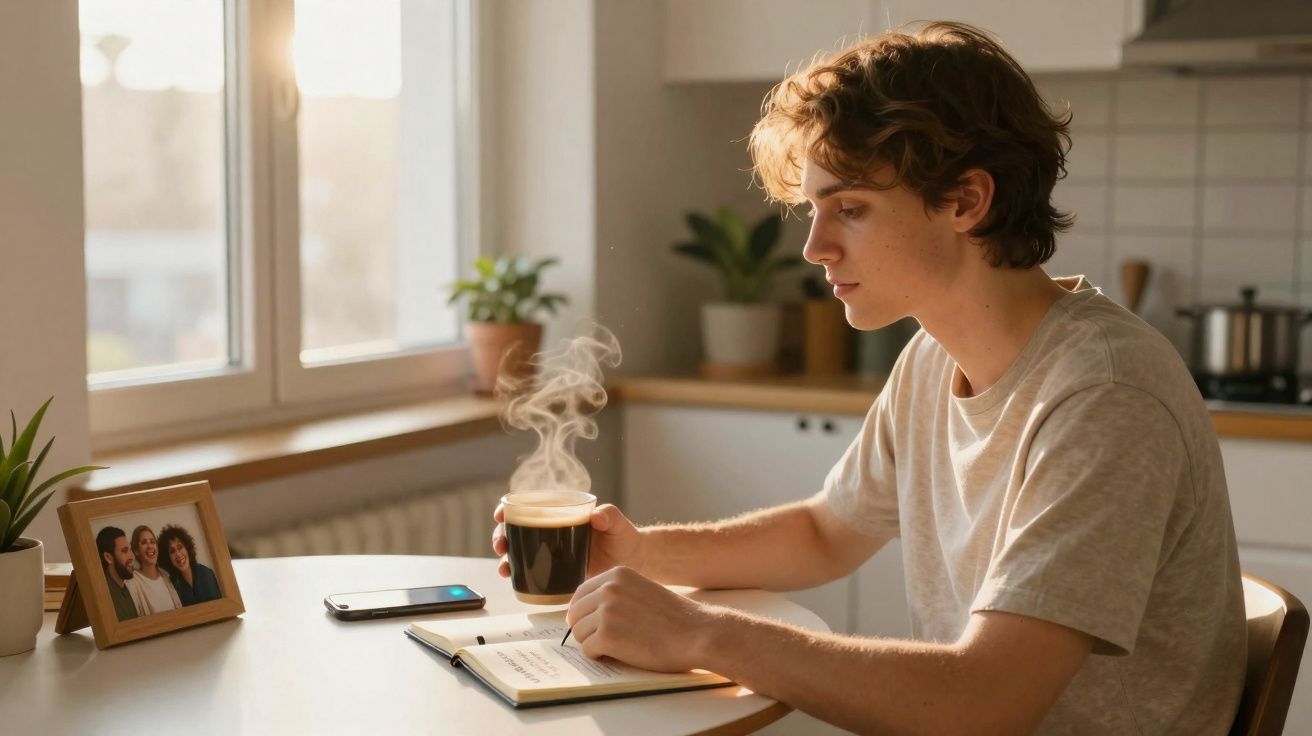 Jovem sentado à mesa cozinha tomando café quente enquanto escreve em caderno com smartphone ao lado.