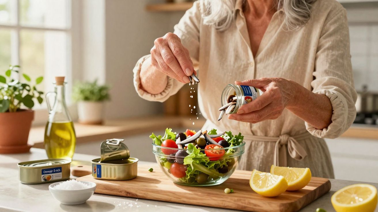 Pessoa idosa temperando salada com sardinha em pote na cozinha iluminada, com limão e azeite à mesa.