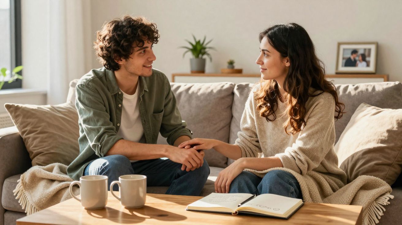Casal sentado no sofá conversando, segurando as mãos, com xícaras e caderno à frente na mesa.