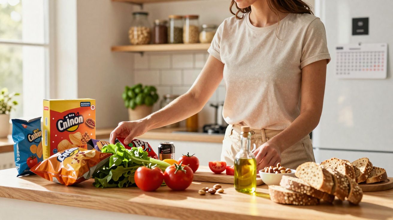 Mulher preparando salada com vegetais, pão, azeite e petiscos em bancada de cozinha iluminada.