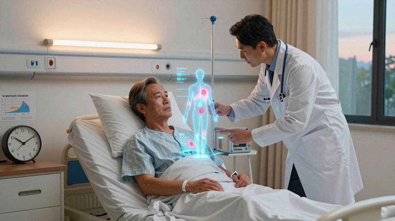 Médico mostra holograma de corpo humano para paciente idoso em quarto de hospital moderno.