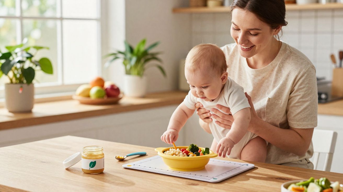 Mãe segura bebê curioso enquanto ele toca em uma tigela de comida em uma cozinha iluminada e acolhedora.