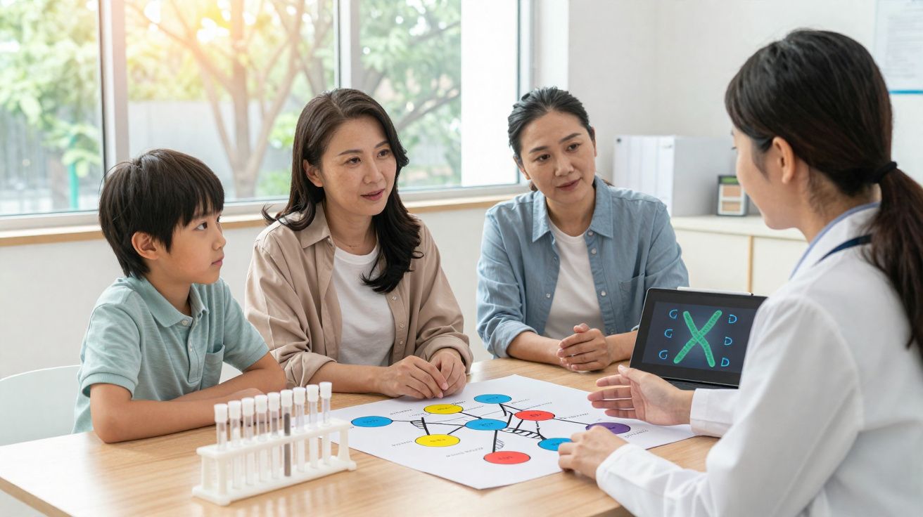 Médica explica genética para duas mulheres e criança sentados à mesa com tubos de ensaio e diagrama colorido.